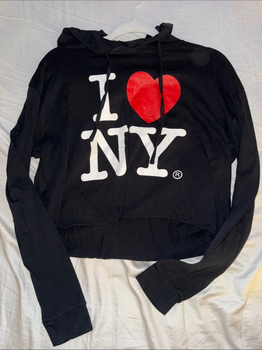 Black Cropped Hoodie with Red Heart 'I ♥ NY' Graphic